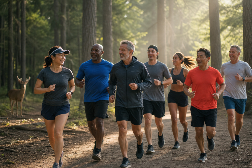 Masters and young athletes jogging happily in a sunlit forest